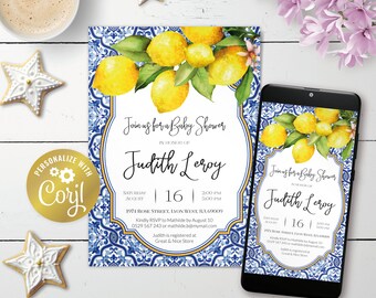Mediterranean lemon, editable positano neutral baby shower digital invitation, tuscan printable, azulejos blue tile evite, corjl template