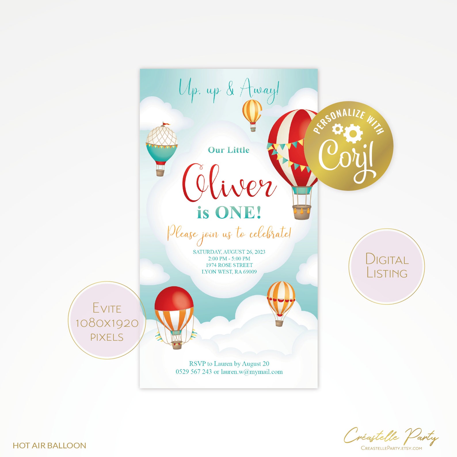 Max Air Invitations Hot Air Balloon Red Invitation, Editable Up, up & Away Birthday Digital ...