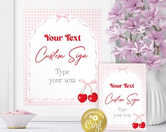 Party sign set, editable cherry pink sign, custom party decoration, signs pack, pretty coquette, she's the cherry on top, corjl template