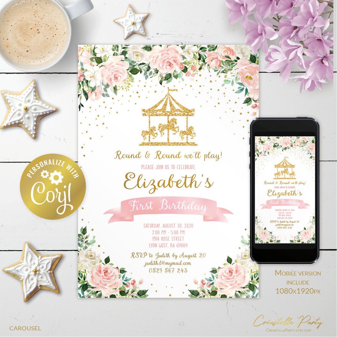 Editable Carousel Invitation, Pink Floral Printable, Watercolor Flowers