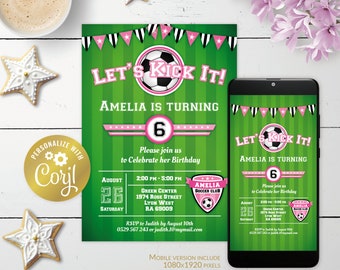 Pink soccer birthday party printable invitation, sport digital invitation, photo invitation, football evite, corjl template