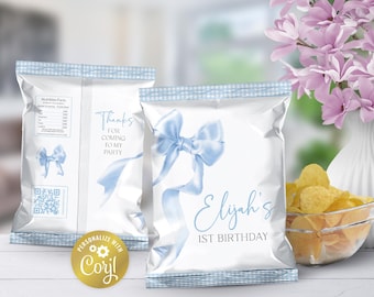 Bow editable chip bag wrap, blue elegant ribbon birthday snack label, blue pretty coquette digital party favor, printable, corjl template