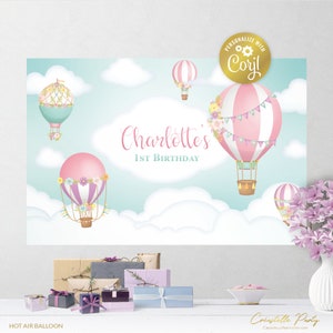 Editable Hot Air Balloon pink backdrop file, Up, Up and Away poster, floral decoration, sky and cloud background, template corjl, FILE ONLY image 1