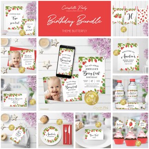 Paquet de décoration de fête modifiable aux fraises, lot d'anniversaire de baies sucrées, décoration de fête numérique, pack imprimable, modèle corjl