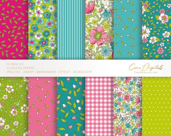 Floral Digital Paper Pack, Pink, Turquoise, Green, 12 seamless ditsy flowers pattern (Digital Download)
