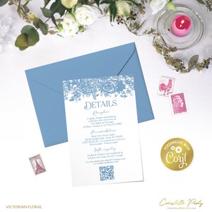 Victorian floral wedding details editable card, vintage blue wedding insert template, botanical line art digital enclosure, corjl template