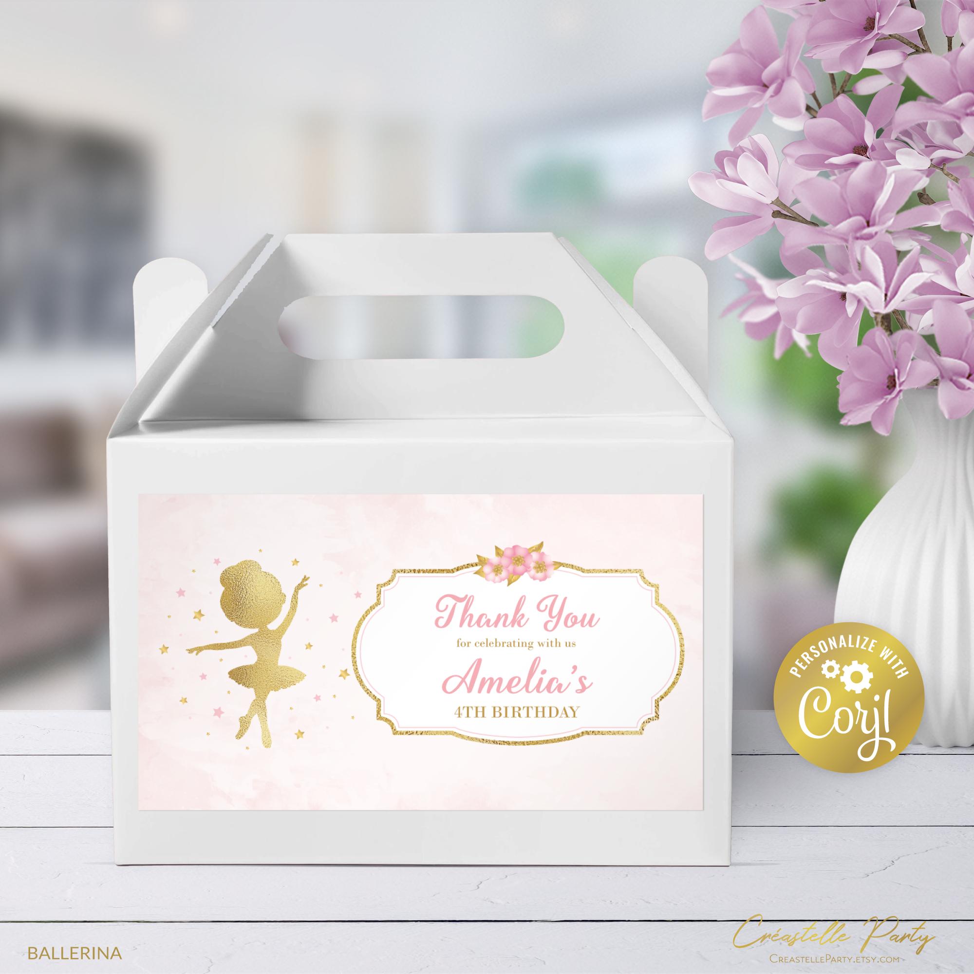 Ballerina editable treat box label, pink & gold ballet birthday gable box sticker, pink tutu digital party favor, printable, corjl template