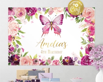 Editable butterfly backdrop file, pink floral poster, party decoration, watercolor burgundy flowers background, corjl template, FILE ONLY