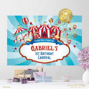 編集可能なカーニバルの背景ファイル、ビッグトップのポスター、パーティーの装飾、赤と青のサーカスの背景、corjl テンプレート、ファイルのみ