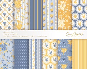 Shabby chic Blue Yellow floral paper pack, vintage flowers, 12 seamless pattern (Digital Download)