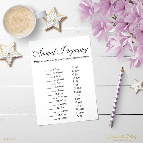 Animal Pregnancy Quiz, Modern elegant printable baby shower game, black and white game, instant download Il_570xn
