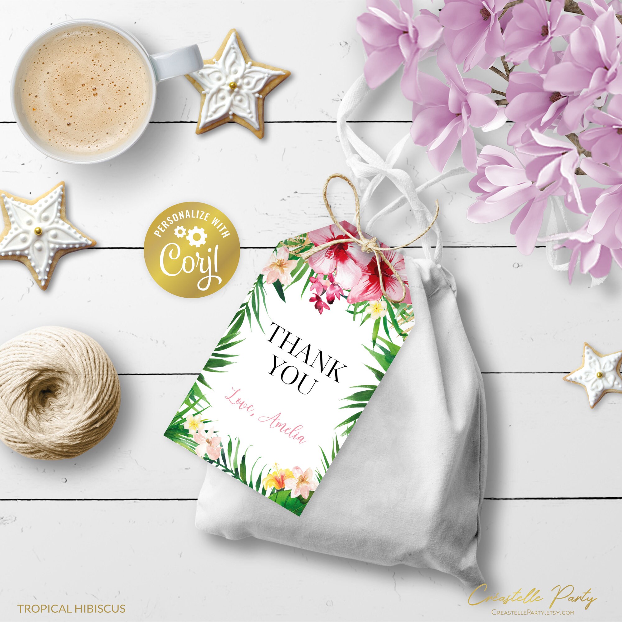 Tropical Floral Editable Favor Tag, Hawaiian Flowers Birthday