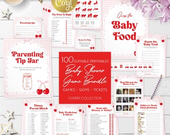 Baby shower editable games bundle, 100 cherry pink printable games, pretty coquette  activities, she's the cherry on top, Corjl template