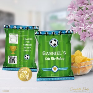 May include: Green and blue chip bags with a football, trophy, and stars. One bag says "Thanks for coming to my party" and the other says "Gabriel's 6th Birthday".