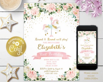 Editable carousel invitation, pink floral printable, watercolor flowers digital invitation, horse photo invitation evite, edit with CORJL