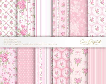 Shabby chic pink floral paper pack, vintage flowers, 12 seamless pattern (Digital Download)