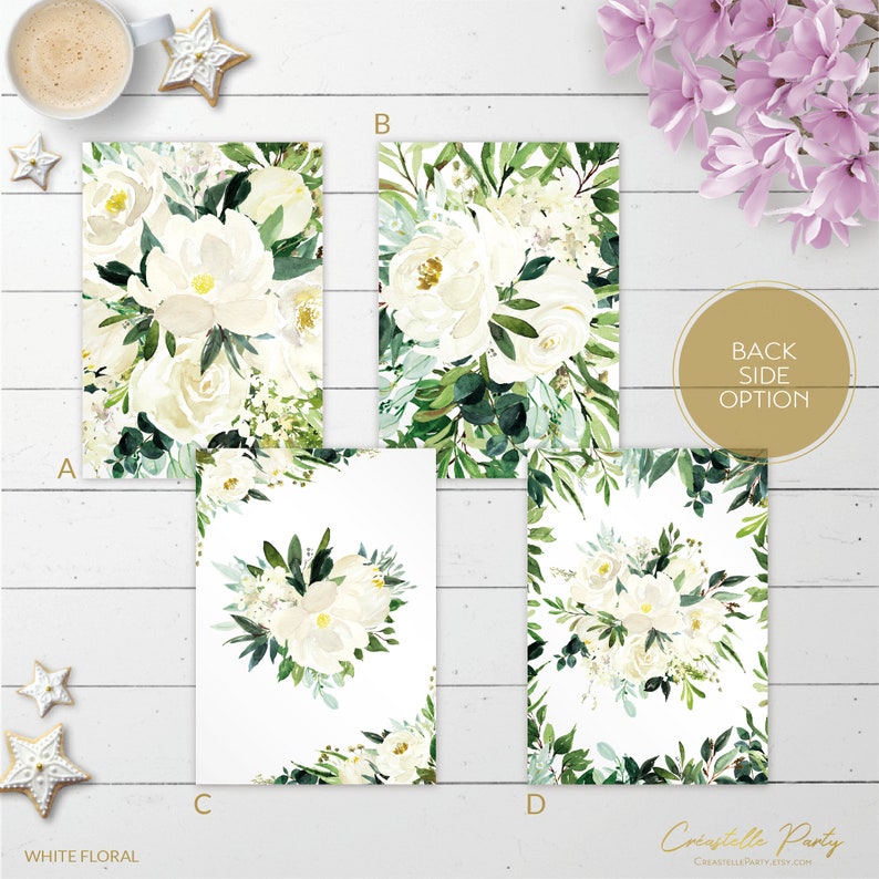 May include: Four different designs for a white floral wedding invitation. The designs feature white flowers with green leaves on a white background. The text "White Floral" is at the bottom of the image.