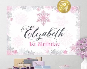 Editable winter wonderland backdrop file, pink glitter and silver snowflakes poster, decoration, ice background, corjl template, FILE ONLY