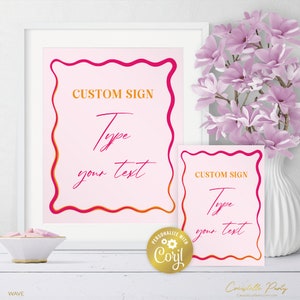 Modèle d'enseigne personnalisée ondulée, rose et orange modifiable à imprimer, décoration de fête bord de vague rétro, enseigne de fête à cadre ondulé, modèle corjl