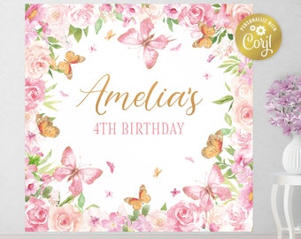 Editable butterfly backdrop file, square pink floral poster, party decors, watercolor flowers background, corjl template, FILE ONLY