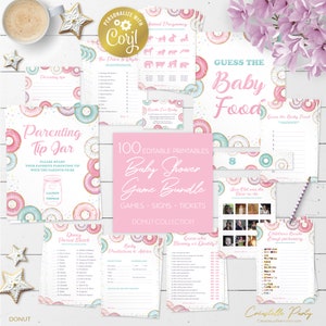 Baby shower editable games bundle, 100 Donut printable games, sweet one, pink sprinkles party package, donut grow up, Corjl template