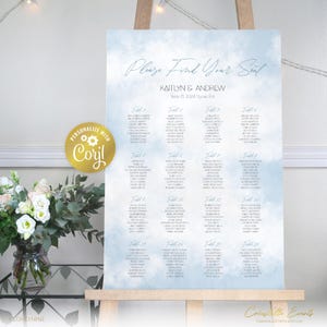 Könnte beinhalten: Ein blauer und weißer Aquarell-Sitzplan für eine Hochzeit mit dem Text "Please Find Your Seat" und "Kaitlyn & Andrew" mit dem Datum "June 15, 2024" und dem Ort "Lyon, RA". Die Tabelle listet die Tische mit den Namen der Gäste auf.
