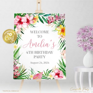 Bloemen tropisch welkomstbord, aquarel jungle bewerkbaar bord, Hawaiiaanse aloha afdrukbare feestdecoratie, hibiscusbord, bewerkbaar met corjl