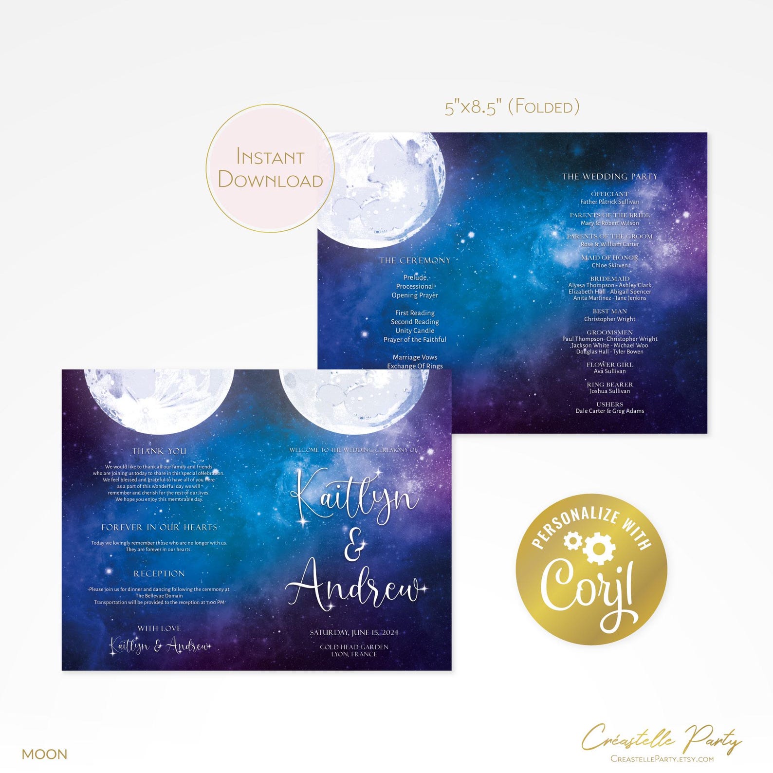 Program Moon Design Moon Wedding Folded Program Template, Night Sky Editable Ceremony ...