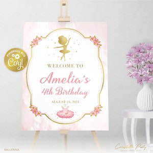 Ballerina welcome sign, pink and gold ballet editable sign, pink tutu printable party decoration, editable with corjl