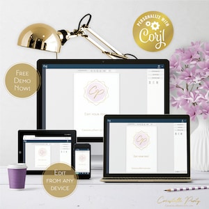 Op de afbeelding: Een mockup van een digitaal ontwerptemplate voor een huwelijksuitnodiging. De template heeft een roze en gouden geometrisch ontwerp met de initialen "CP" in het midden. De tekst "Bewerk je tekst" staat onder het ontwerp. De template wordt weergegeven op een computerscherm, een tablet en een smartphone. De tekst "Personaliseer met Corjl" staat op een gouden cirkel met tandwielen.
