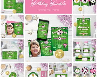 Fußballplatz editierbares Partydekorationspaket, rosa Fuß-Geburtstag druckbar, digitales Partyzubehör, Mädchensport-Team-Pack, Corjl-Vorlage