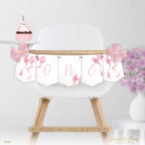 Bow high chair banner, editable pink birthday flag, pretty coquette, printable ONE garland, 1st birthday decor, corjl template