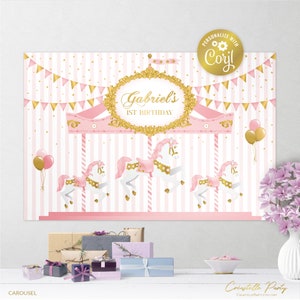 Editable Carousel backdrop file, pink party poster, party decoration, merry go round background, birthday party, corjl template, FILE ONLY
