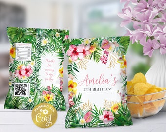 Tropical floral editable chip bag wrapper, hawaii flowers birthday snacks label, digital favor, jungle printable label, corjl template
