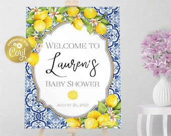 Mediterranean lemon welcome sign, tuscan party editable sign, printable party decoration, azulejos blue tile sign, editable with corjl