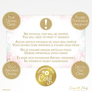 Editable Princess backdrop file, royal castle poster, pink, gold party decoration, watercolor floral background, corjl template, FILE ONLY image 2