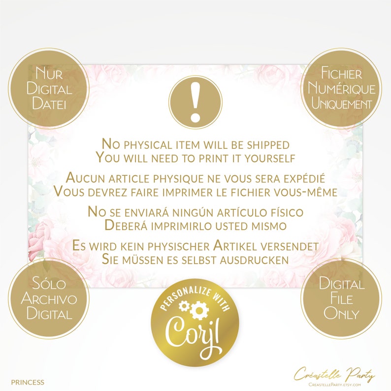 Editable Princess backdrop file, royal castle poster, pink, gold party decoration, watercolor floral background, corjl template, FILE ONLY image 2