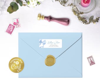 Retouradresetiketten strik, afdrukbare sjabloon, digitaal 1 x 2,5/8 inch, bewerkbare blauwe elegante lintsticker, mooie coquette corjl