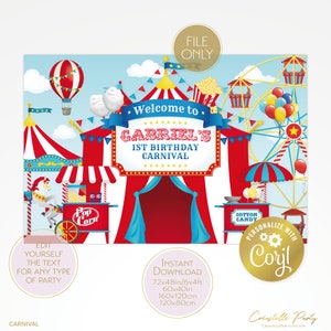 Op de afbeelding: Een printbare carnaval-thema verjaardagsparty achtergrond met een rood-wit gestreept tent, een reuzenrad, een popcornkraam en een suikerspinkraam. De tekst "Welkom bij Gabriel's 1e verjaardagskarnaval" staat op de achtergrond. De achtergrond is verkrijgbaar in verschillende maten, waaronder 72x48 inch, 60x40 inch, 160x120 cm en 120x80 cm.