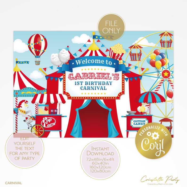 Op de afbeelding: Een printbare carnaval-thema verjaardagsparty achtergrond met een rood-wit gestreept tent, een reuzenrad, een popcornkraam en een suikerspinkraam. De tekst "Welkom bij Gabriel's 1e verjaardagskarnaval" staat op de achtergrond. De achtergrond is verkrijgbaar in verschillende maten, waaronder 72x48 inch, 60x40 inch, 160x120 cm en 120x80 cm.