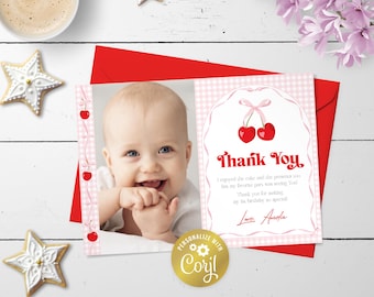 Cherry pink editable thank you card, pretty coquette digital party photo card, she's the cherry on top printable thank you, corjl template