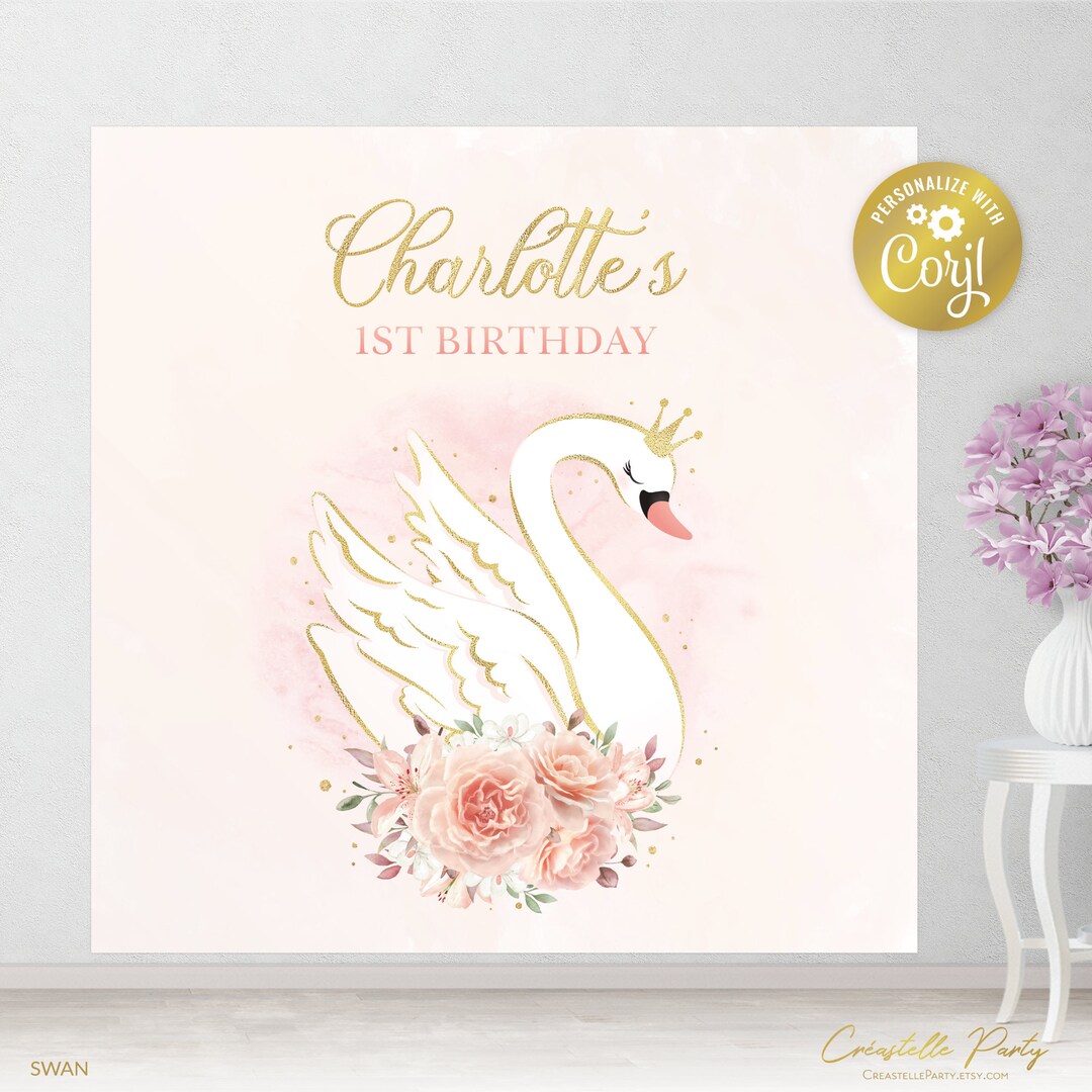 Menu Backdrop Swan Editable Swan Princess Backdrop File, Square Blush Pink & Gold Party ...