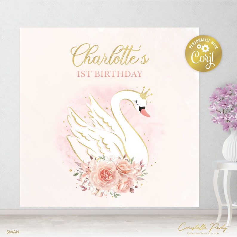 Editable Swan Princess Backdrop File, Square Blush Pink & Gold Party ...