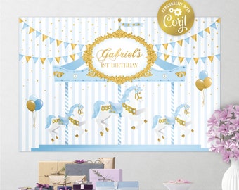 May include: Blue and gold carousel-themed backdrop with white horses, gold stars, and the text "Gabriel's 1st Birthday".