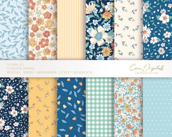 Floral Digital Paper Pack, Navy, Coral, Yellow, 12 seamless ditsy flowers pattern (Digital Download)