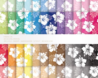 Hawaiian hibiscus flowers floral paper pack, 50 seamless pattern (Digital Download)