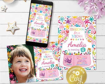 Art party apron invitation, painting party printable invitation, artist birthday digital invitation, rainbow evite, editable with corjl