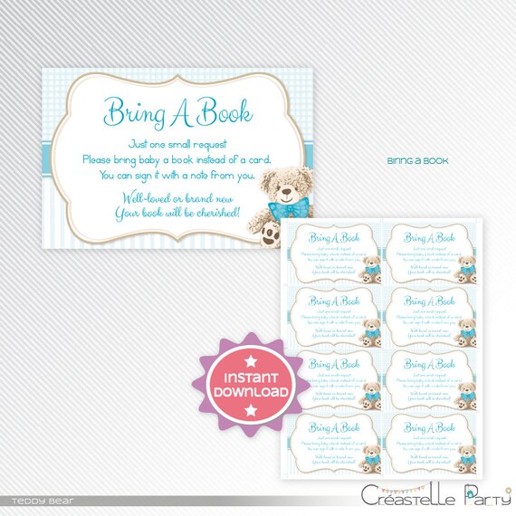 Blue teddy bear book request card, baby's library, bring a book baby shower printable, INSTANT DOWNLOAD Il_570xn