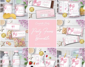 Bow editable  treats package, pink elegant ribbon birthday snacks label bundle, pretty coquette party favor, printable set, corjl template
