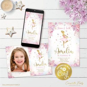 May include: A printable invitation for a ballerina-themed birthday party. The invitation features a pink and gold design with butterflies, flowers, and a ballerina in a pink tutu. The text on the invitation reads "Dance & Twirl Amelia is turning 4".